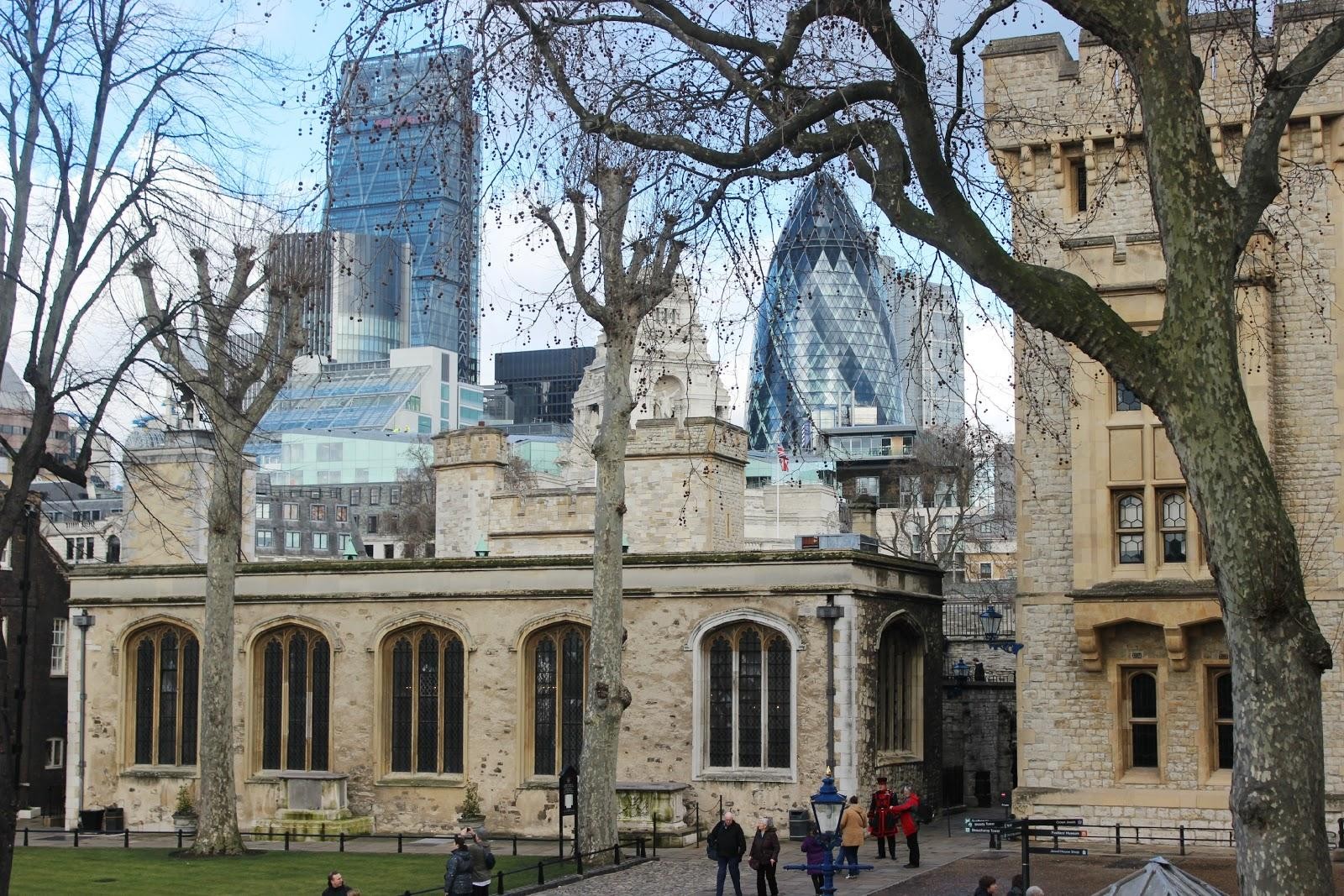 The Tower of London with Canary Wharf in the background